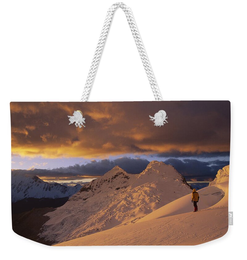 Feb0514 Weekender Tote Bag featuring the photograph Hiker At Sunset Chinchey Massif Peru by Grant Dixon