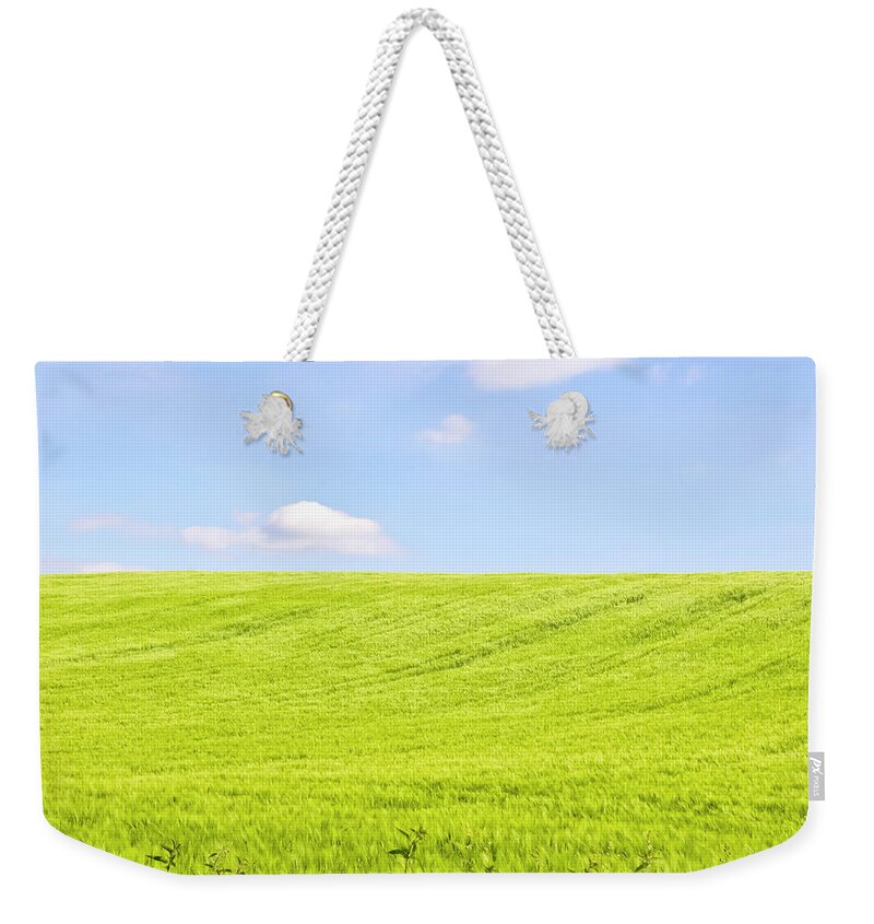 Scenics Weekender Tote Bag featuring the photograph Hilly Barley Field In Summer by Wicki58