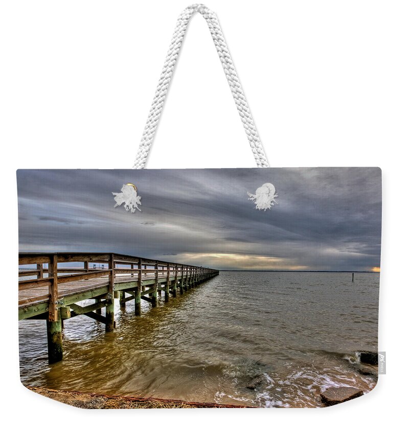 Sunset Weekender Tote Bag featuring the photograph Hilton Pier by Jerry Gammon