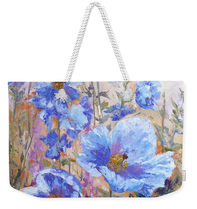 Himalayan Blue Poppies Weekender Tote Bag featuring the painting Himalayan Blue Poppies by Karen Mattson