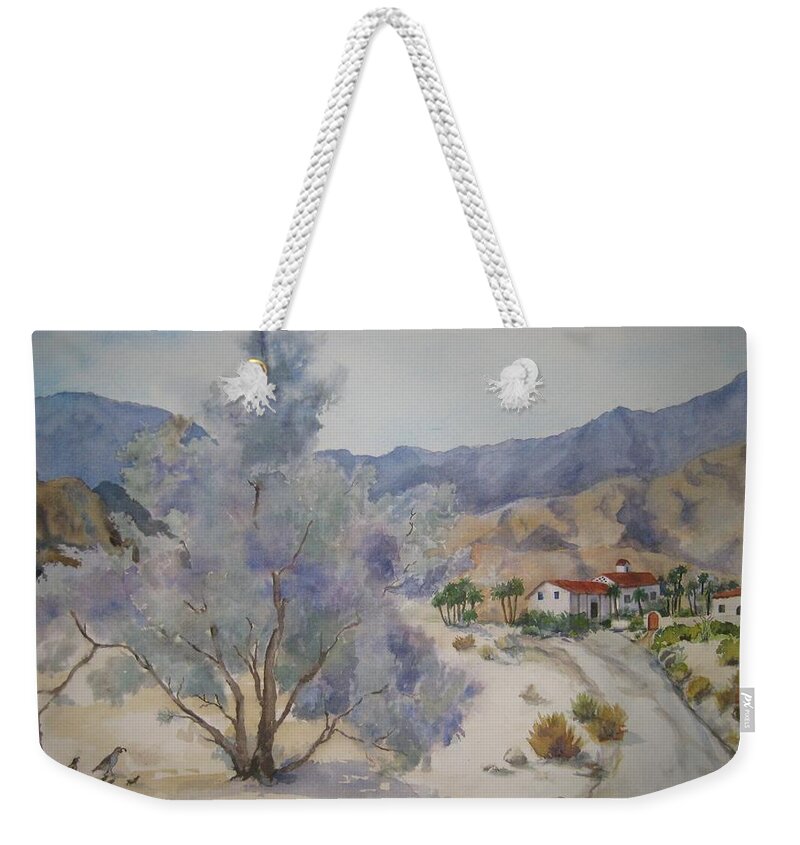 Desertscape Weekender Tote Bag featuring the painting Historic La Quinta Cove by Maria Hunt