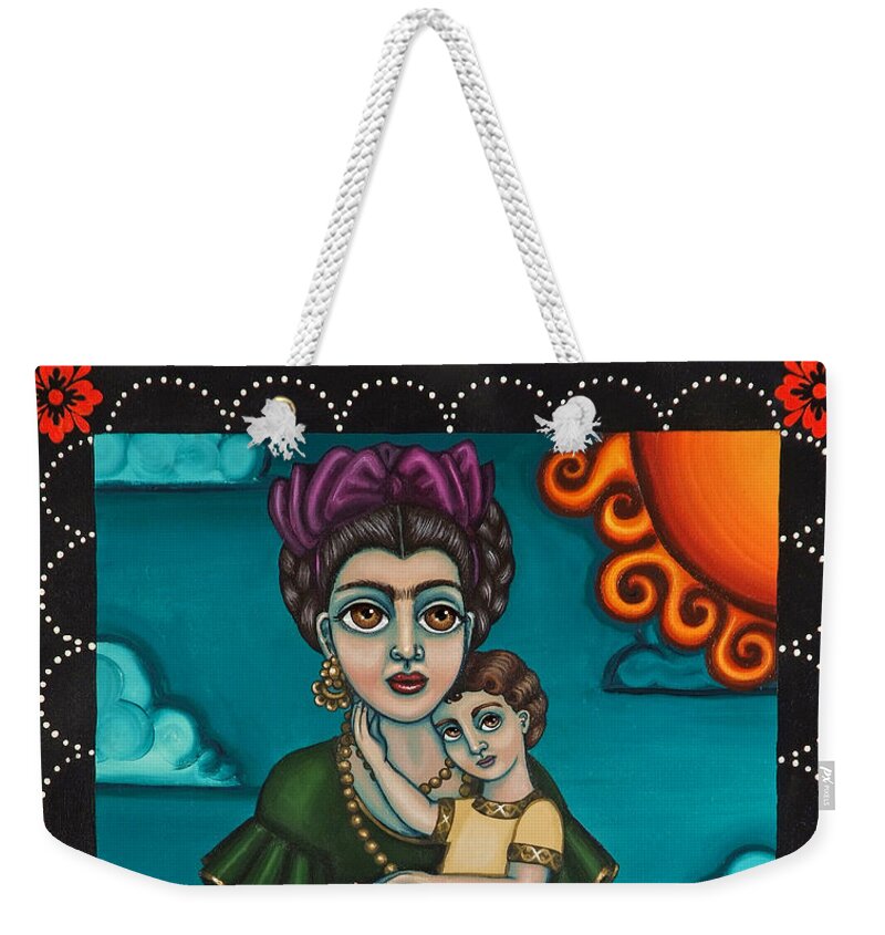 Folk Art Weekender Tote Bag featuring the painting Holding Diegito by Victoria De Almeida