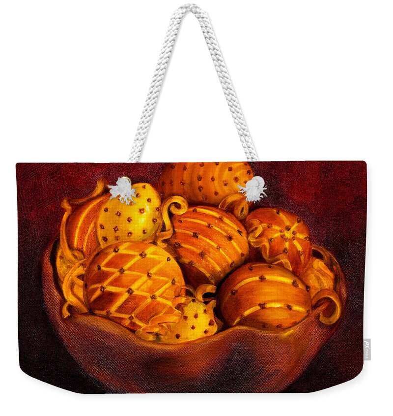 Oranges Weekender Tote Bag featuring the painting Holiday Citrus Bowl by Iris Richardson