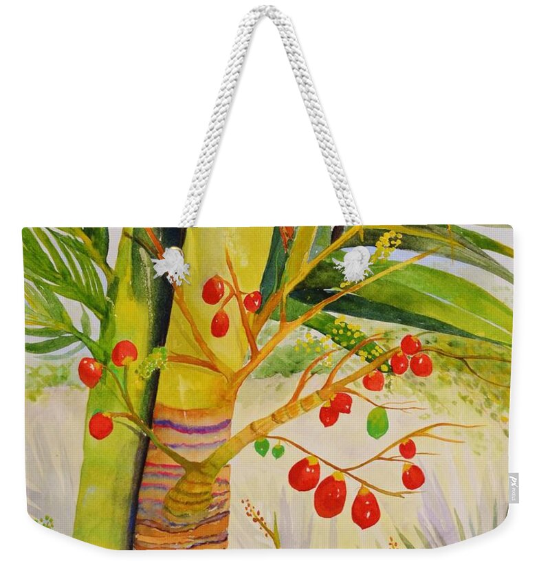 Palm Tree Weekender Tote Bag featuring the painting Holiday Palm by Jane Ricker