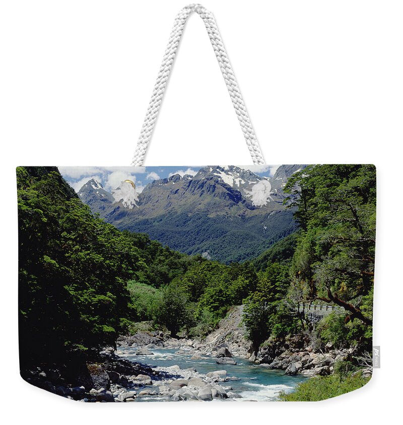 Feb0514 Weekender Tote Bag featuring the photograph Hollyford River And The Eyre Range by Konrad Wothe