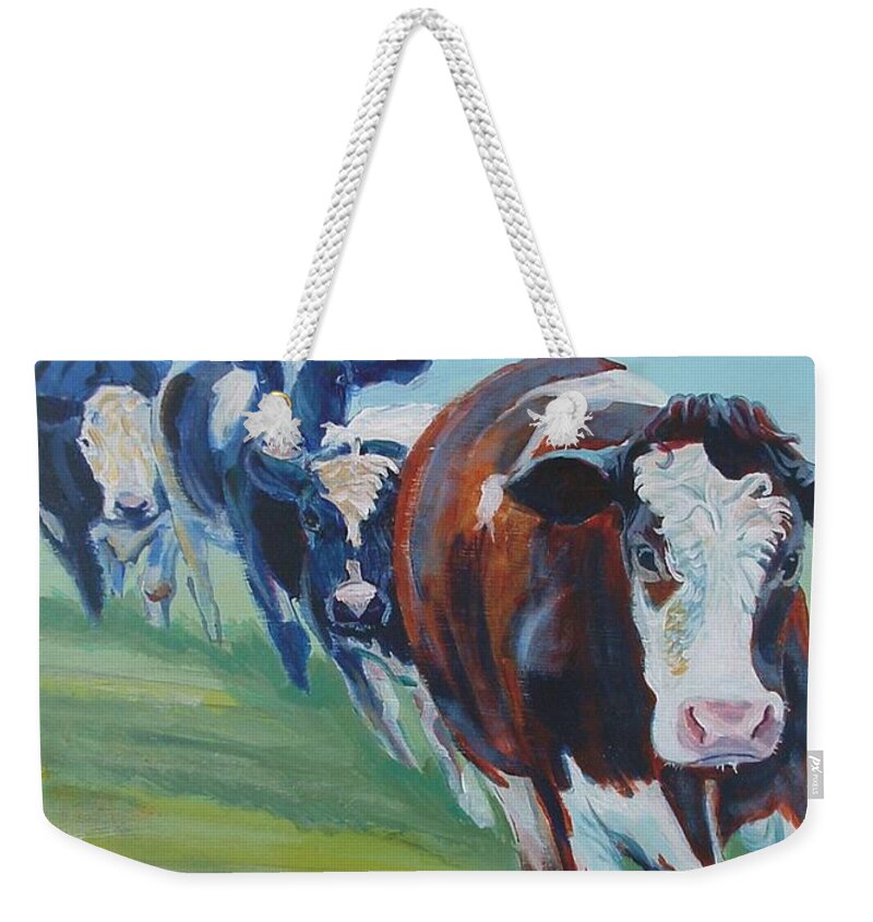 Cow Weekender Tote Bag featuring the painting Holstein Friesian Cows by Mike Jory
