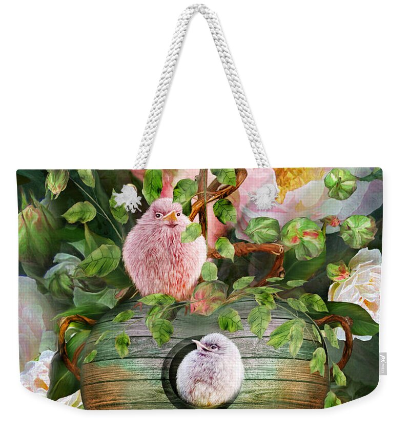 Bird Weekender Tote Bag featuring the mixed media Home In The Roses by Carol Cavalaris