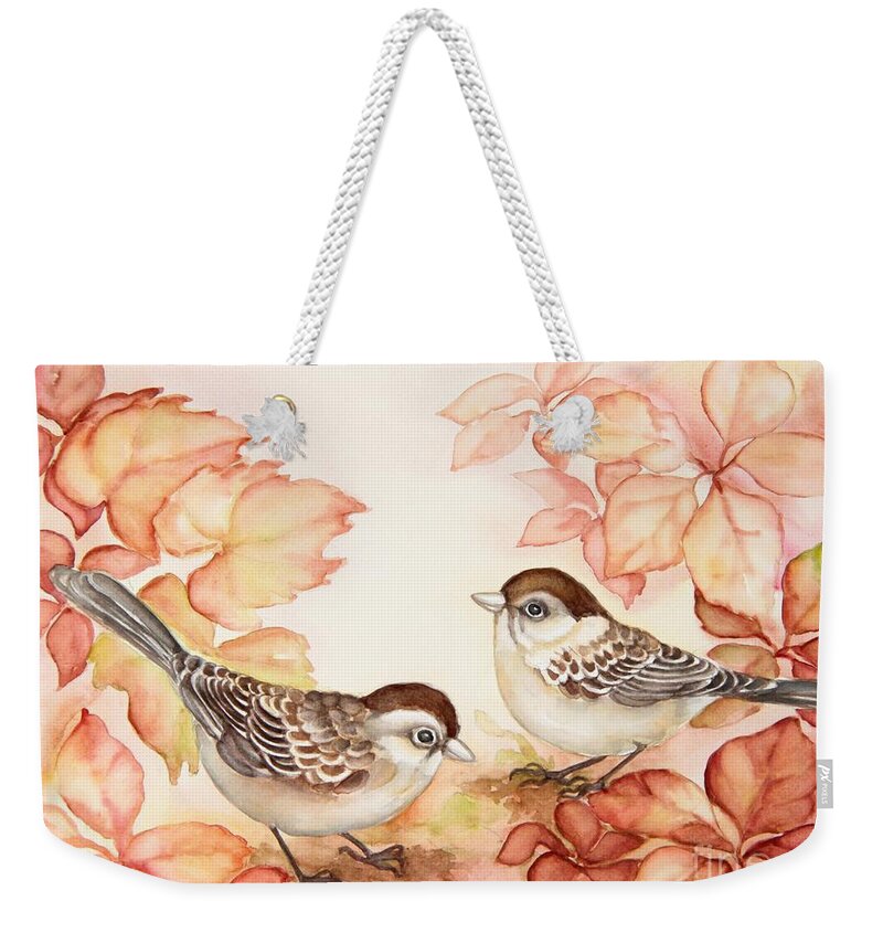 Sparrow Weekender Tote Bag featuring the painting Home Sparrows by Inese Poga