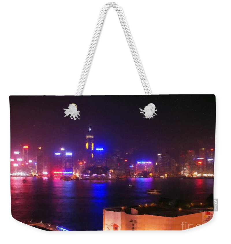 Hong Kong Weekender Tote Bag featuring the digital art Hong Kong Skyline by Pixel Chimp