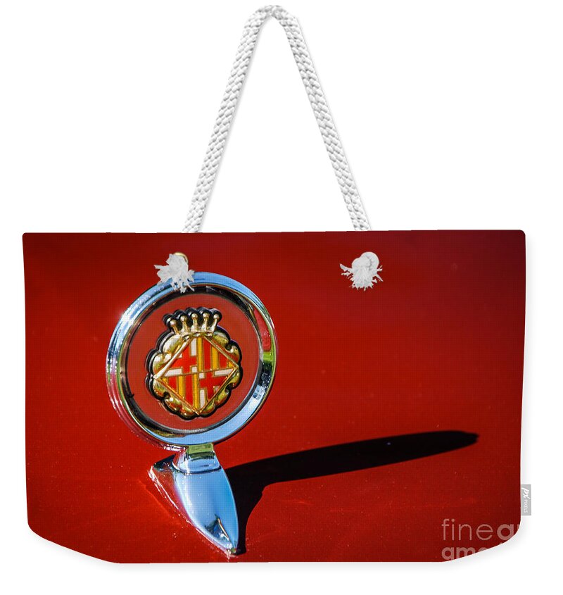 Hood Ornament Weekender Tote Bag featuring the photograph Hood Ornament on Matador Barcelona II Coupe by Grace Grogan