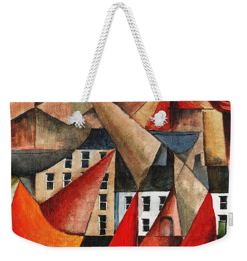 Val Byrne Weekender Tote Bag featuring the mixed media Hookers Cubes in the Long Walk Galway by Val Byrne