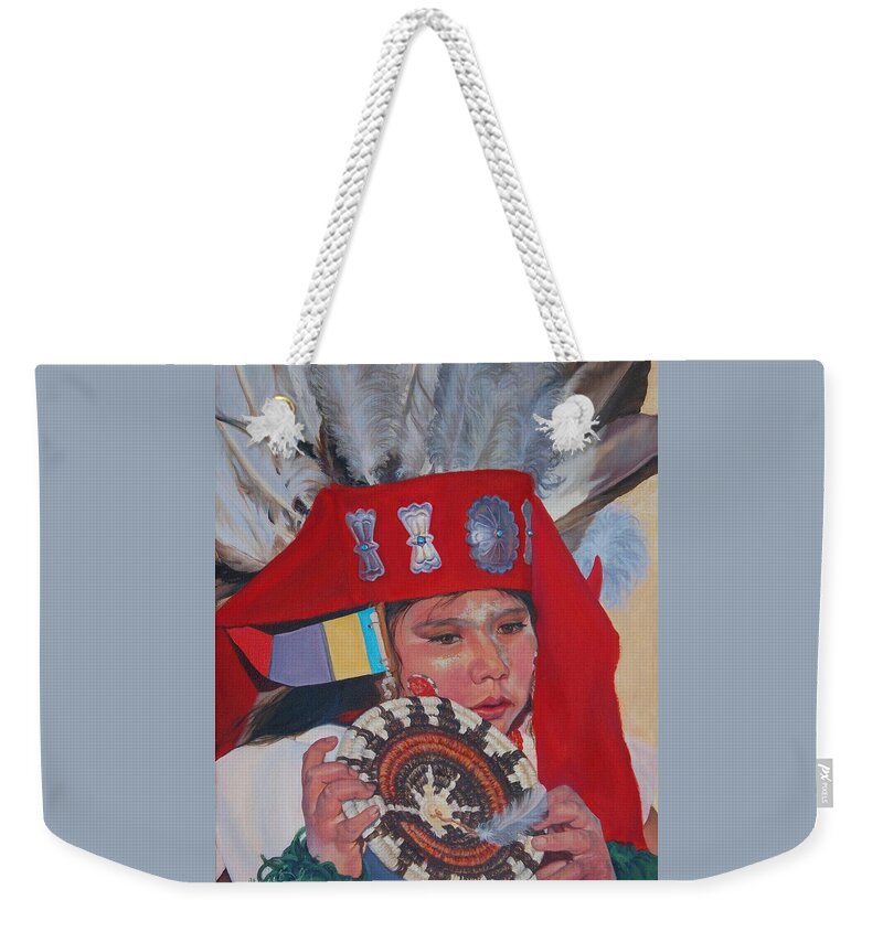 Native American Weekender Tote Bag featuring the painting Hopi Basket Dancer by Christine Lytwynczuk