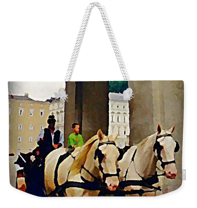 Horse And Carriage In Salzburg Austria Weekender Tote Bag featuring the painting Horse and Carriage in Salzburg Austria by John Malone