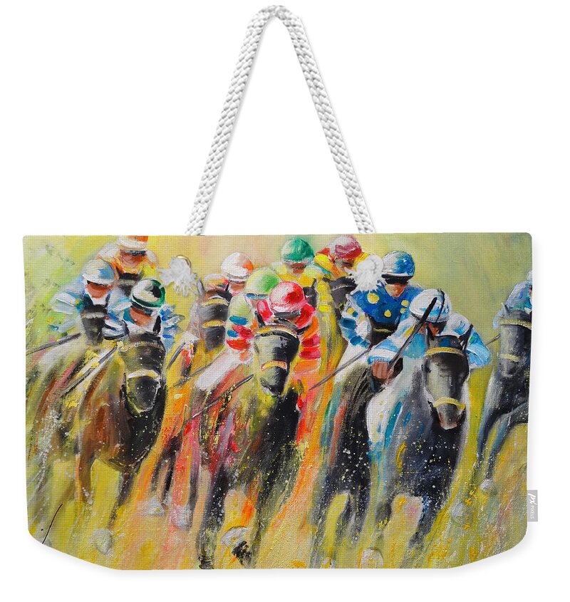 Sports Weekender Tote Bag featuring the painting Horse Racing 06 by Miki De Goodaboom