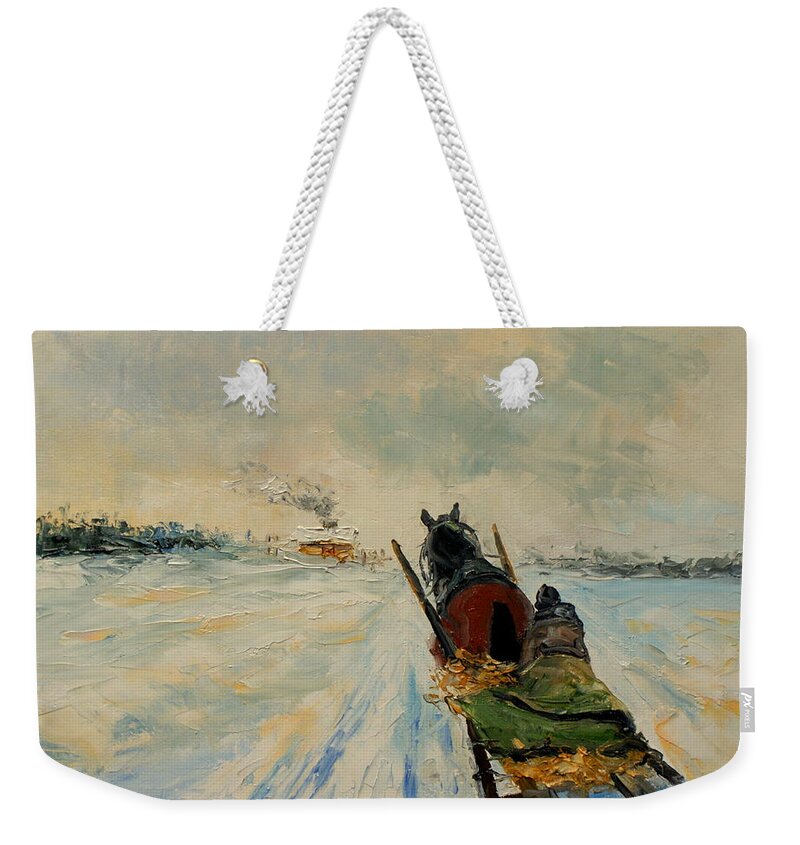 Sleigh Weekender Tote Bag featuring the painting Horse with sleigh by Luke Karcz