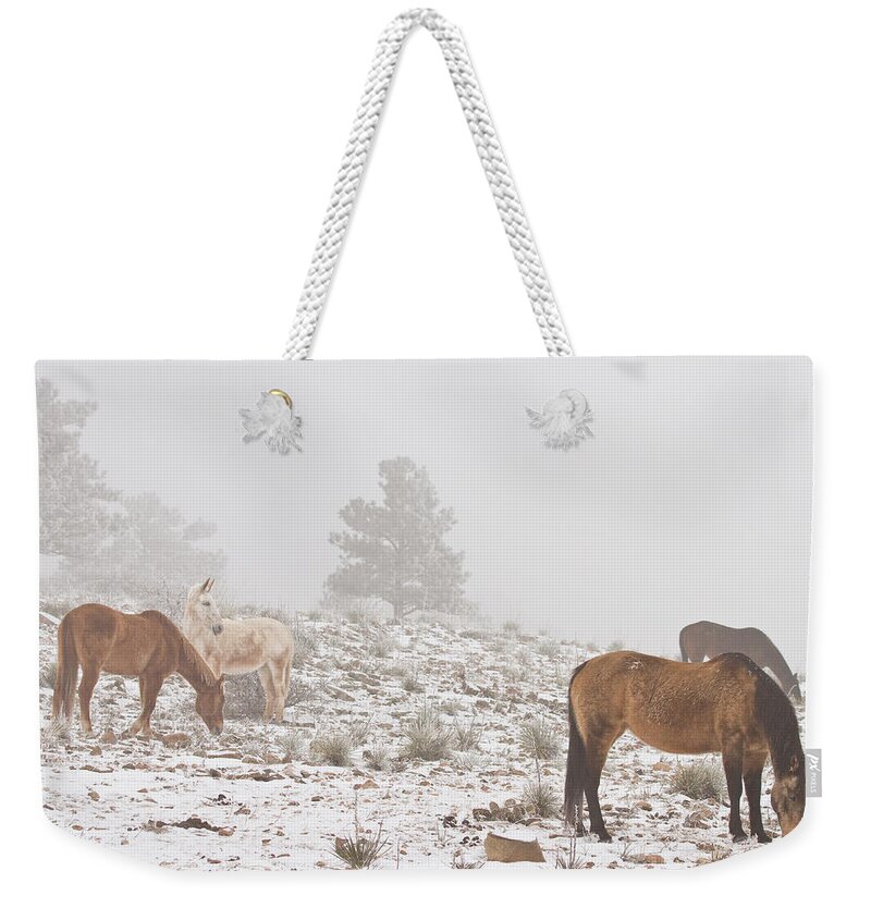 Horses Weekender Tote Bag featuring the photograph Horses in the Winter Snow and Fog by James BO Insogna