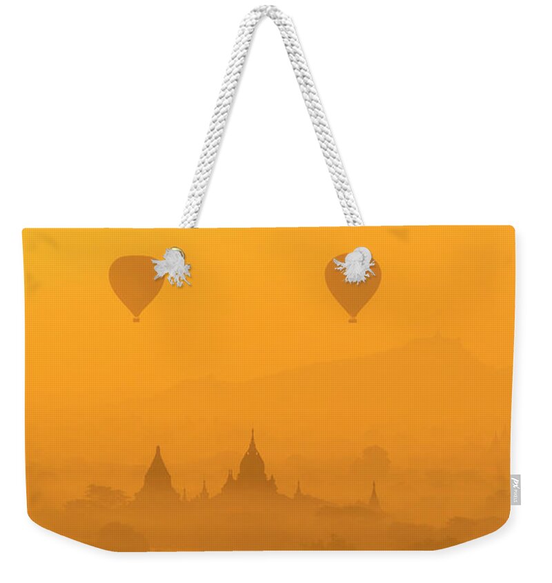 Wind Weekender Tote Bag featuring the photograph Hot Air Balloons In Bagan, Myanmar by Uchar