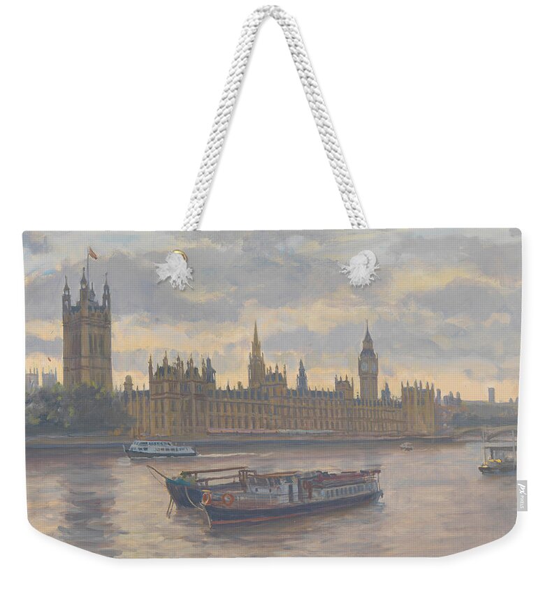 Architecture; Thames; Boats; London; Parliament; River; Exterior Weekender Tote Bag featuring the painting Houses of Parliament by Julian Barrow