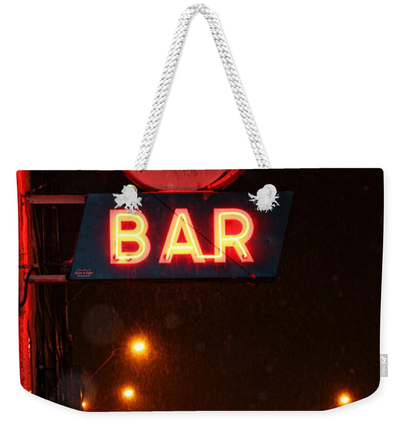 Hub Bar Weekender Tote Bag featuring the photograph Hub Bar Snowy Night by Sylvia Thornton