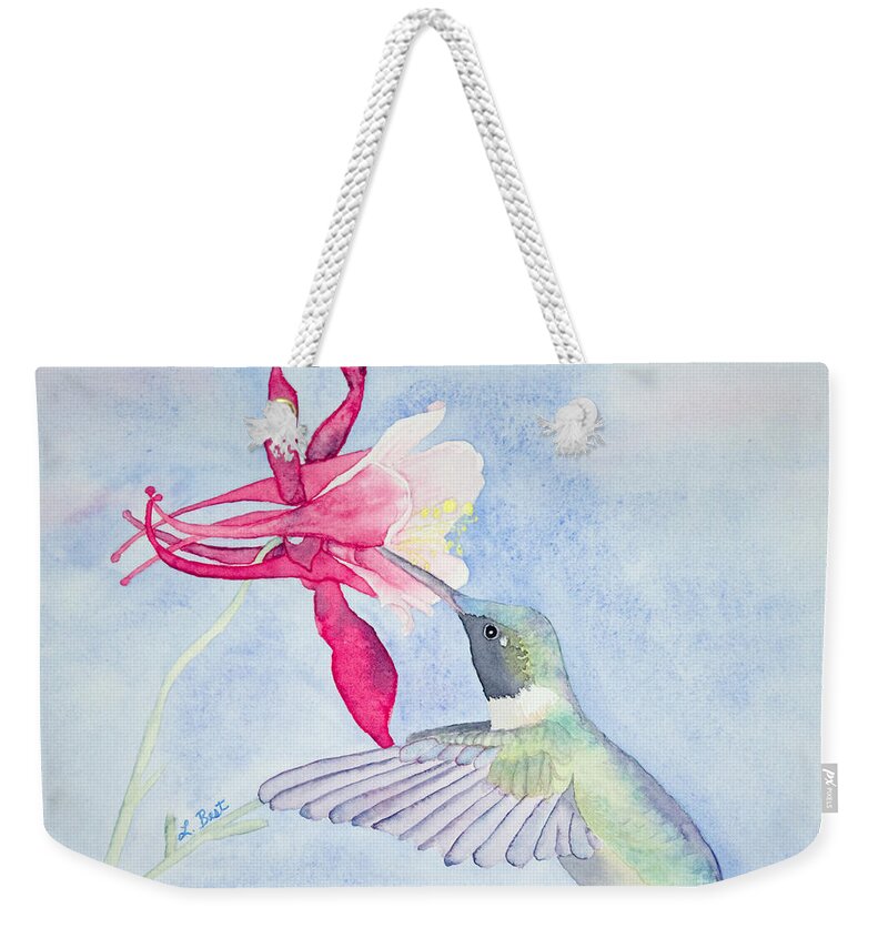 Ruby-throated Weekender Tote Bag featuring the painting Hummingbird and Columbine by Laurel Best