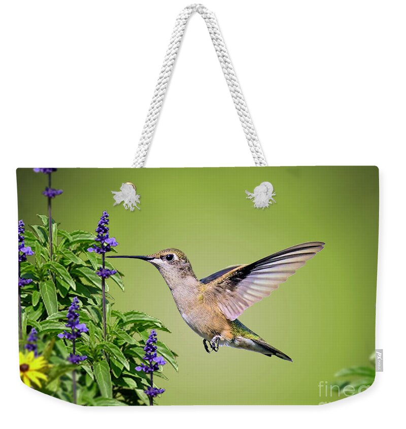 Hummingbird Weekender Tote Bag featuring the photograph Hummingbird On Purple Flowers by Kathy Baccari