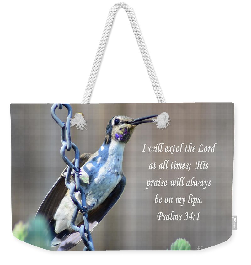 Hummingbird Weekender Tote Bag featuring the photograph Hummingbird Scripture by Debby Pueschel
