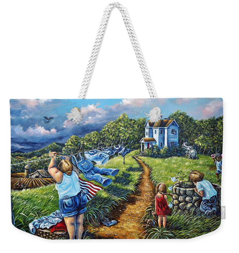Country Weekender Tote Bag featuring the painting Hung Out To Dry by Gail Butler