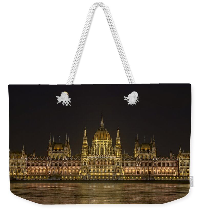 Joan Carroll Weekender Tote Bag featuring the photograph Hungarian Parliament Building Night by Joan Carroll