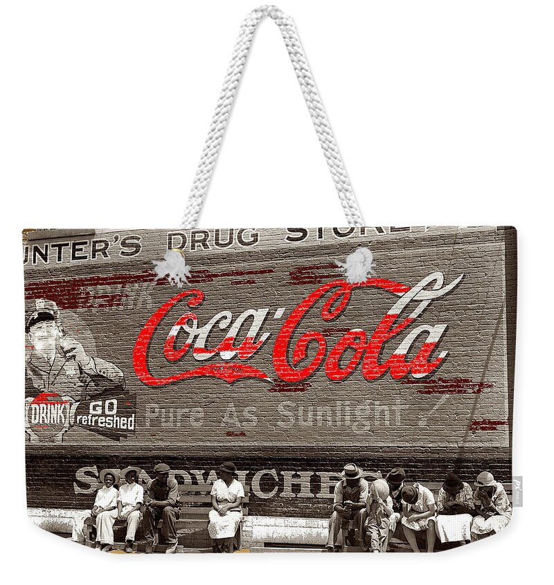 Hunter's Drug Store Coca-cola Mural Greensboro Georgia Marion Post Wolcott Fsa Spring 1939 Weekender Tote Bag featuring the photograph Hunter's Drug store Coca-Cola mural Greensboro Georgia Marion Post Wolcott FSA Spring 1939-2014 by David Lee Guss