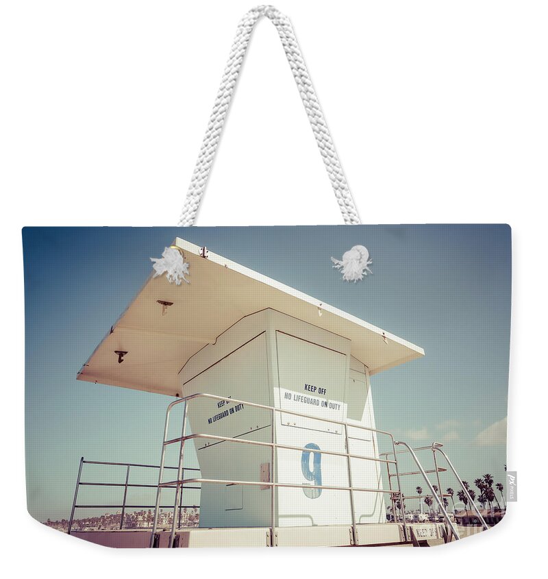 1950's Weekender Tote Bag featuring the photograph Huntington Beach Lifeguard Tower Retro Photo by Paul Velgos
