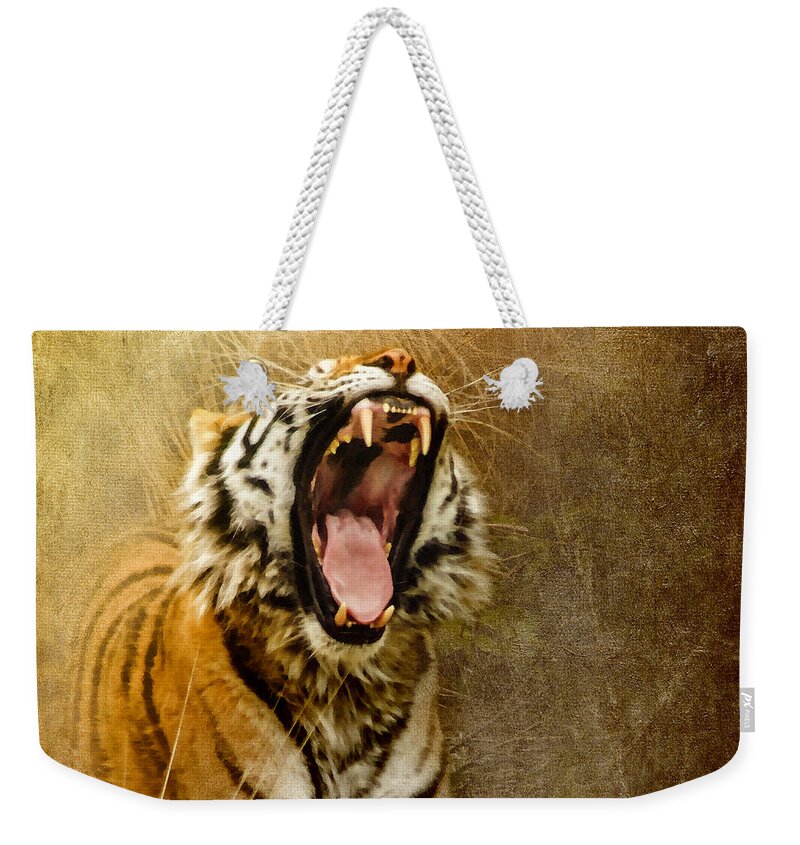 Bengal Tiger Weekender Tote Bag featuring the photograph I Am Woman Hear Me Roar by Betty LaRue