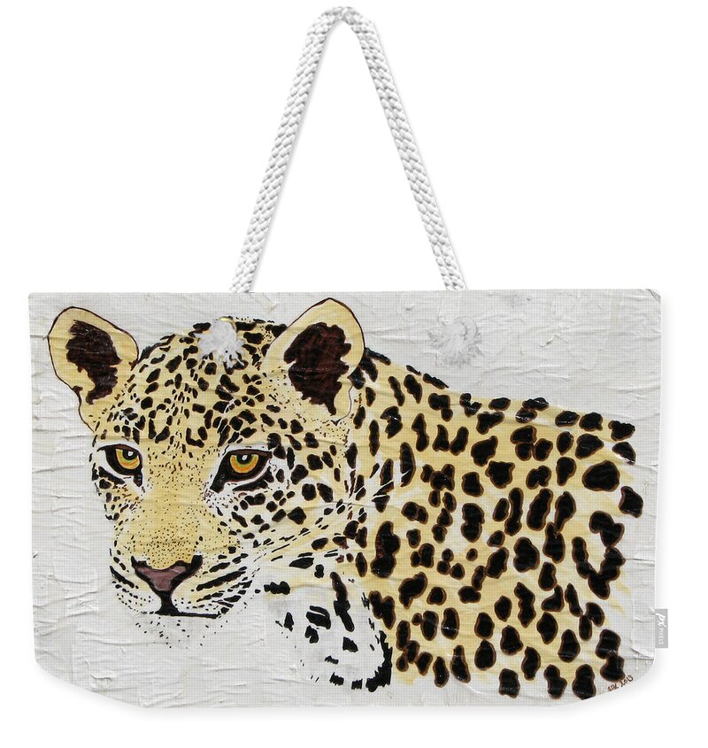 Leopard Weekender Tote Bag featuring the painting I See You by Stephanie Grant