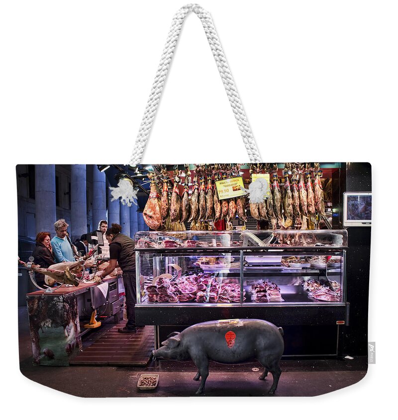 Ham Weekender Tote Bag featuring the photograph Iberico Ham shop in La Boqueria Market in Barcelona by David Smith