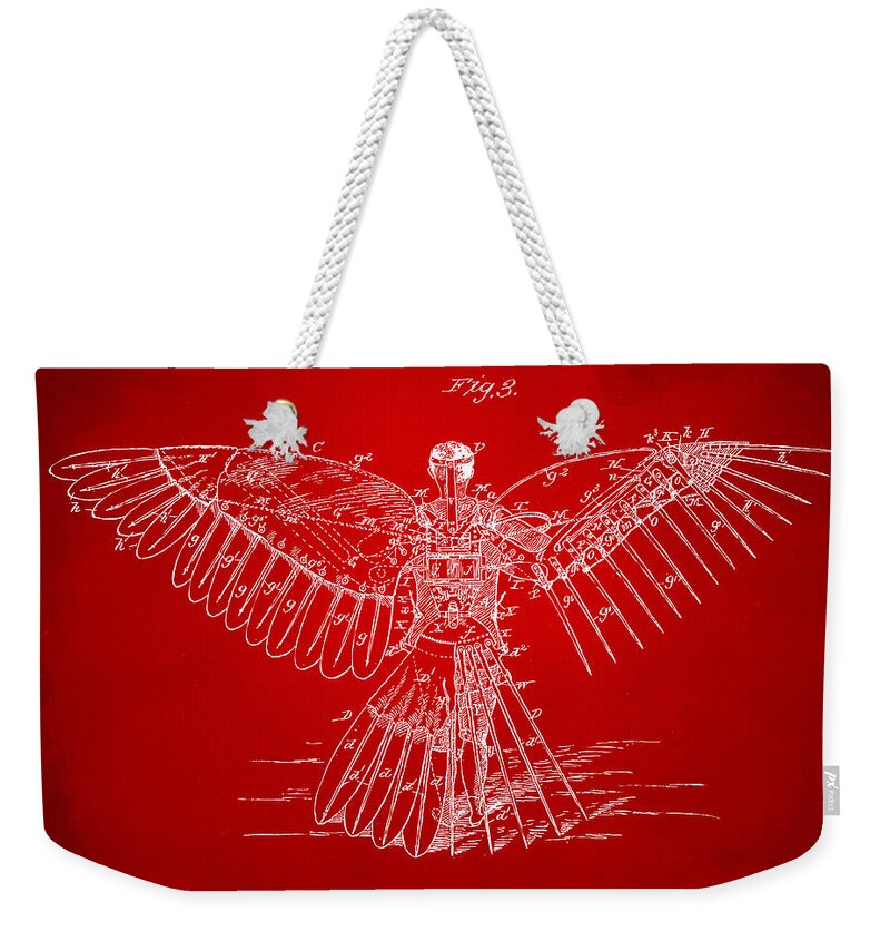 Patent Weekender Tote Bag featuring the digital art Icarus Human Flight Patent Artwork Red by Nikki Marie Smith