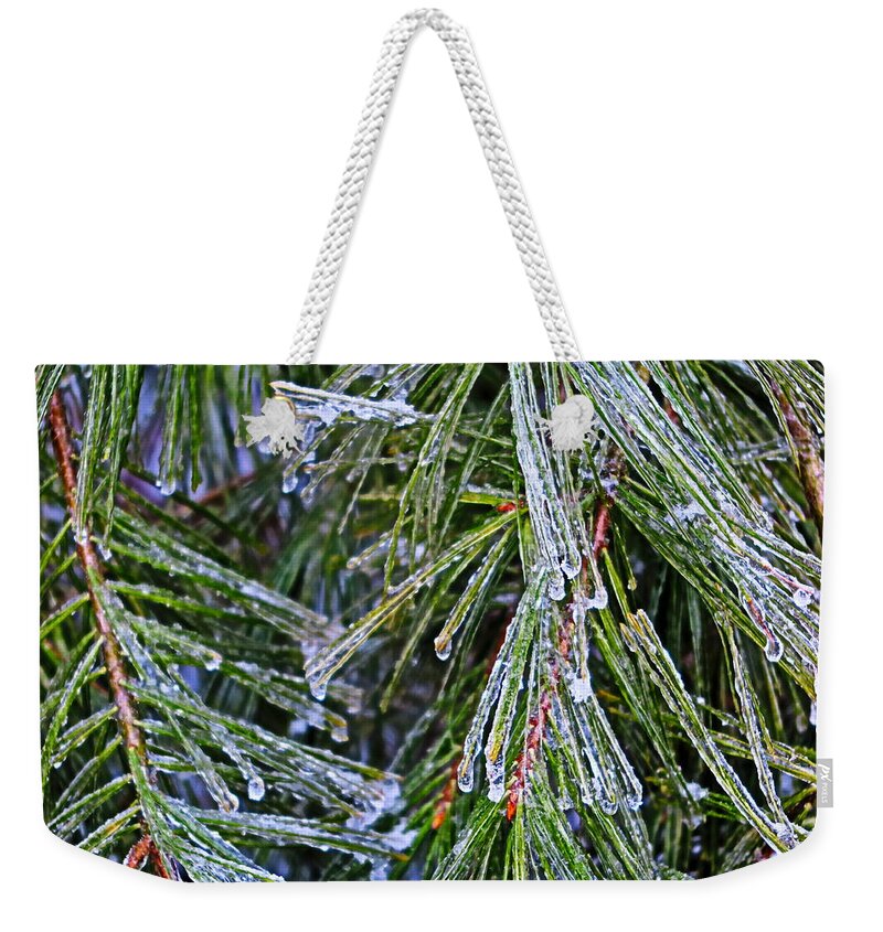 Ice Weekender Tote Bag featuring the photograph Ice On Pine Needles by Daniel Reed