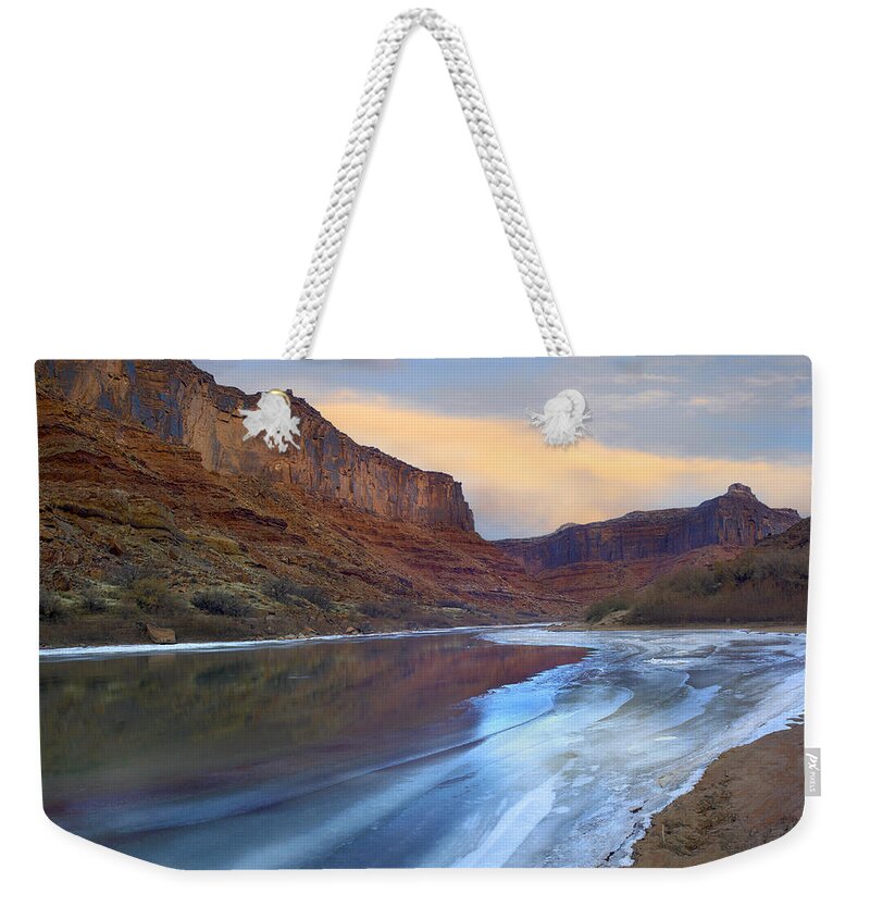 00175504 Weekender Tote Bag featuring the photograph Ice On The Colorado River in Cataract Canyon by Tim Fitzharris