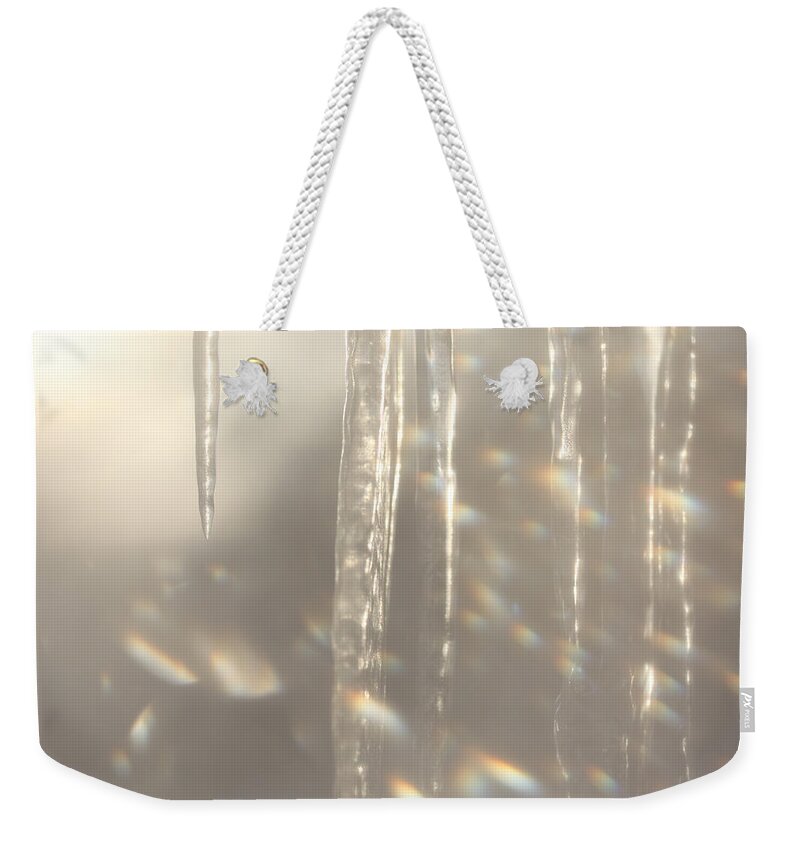 Abstract Weekender Tote Bag featuring the photograph Icicles seen through a frosty window by Ulrich Kunst And Bettina Scheidulin