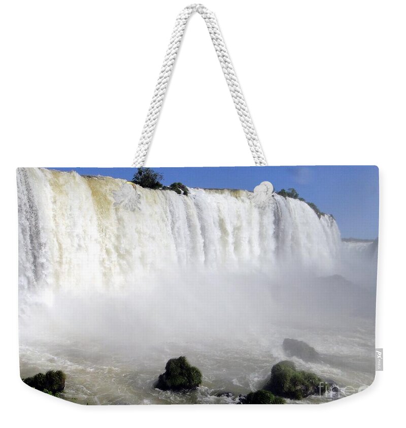 Waterfall Weekender Tote Bag featuring the photograph Iguassu Power by Barbie Corbett-Newmin