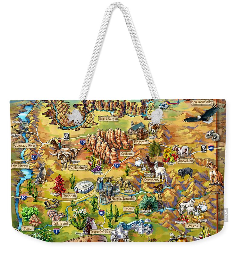 Arizona Map Weekender Tote Bag featuring the painting Illustrated Map of Arizona by Maria Rabinky
