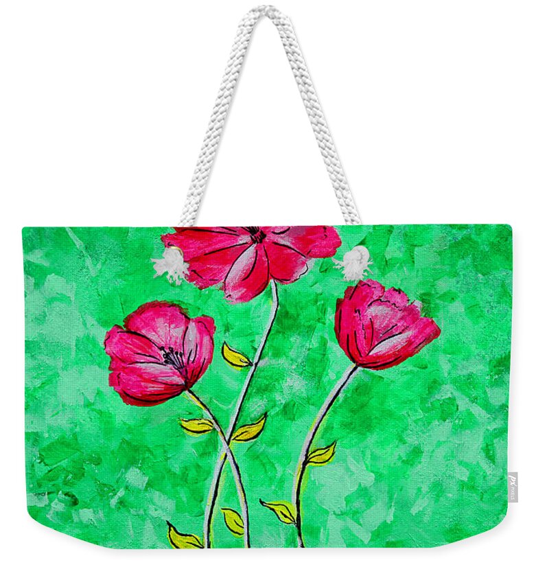 Red Flowers Weekender Tote Bag featuring the painting In Full Bloom by Jan Marvin by Jan Marvin