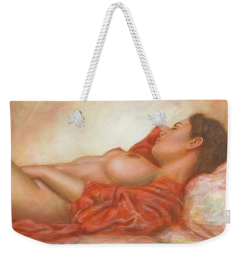 Erotic Weekender Tote Bag featuring the painting In her own World by John Silver