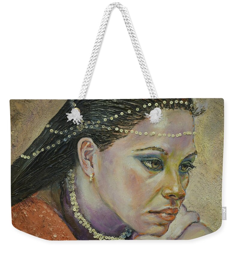 In Her Thougts Weekender Tote Bag featuring the painting In Her Thoughts by Raija Merila