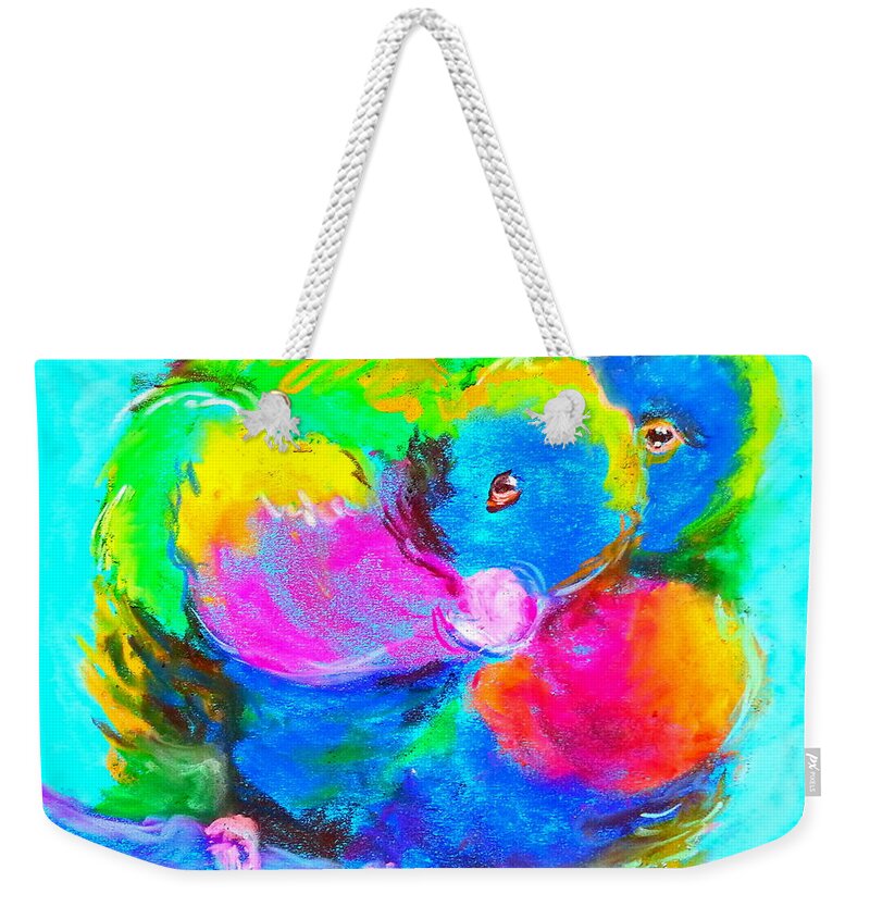 Rainbow Lorikeets Weekender Tote Bag featuring the painting In Love Birds - Lorikeets by Sue Jacobi
