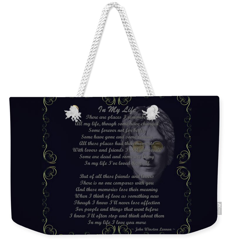 Lennon Weekender Tote Bag featuring the digital art In My Life Golden Scroll by Movie Poster Prints