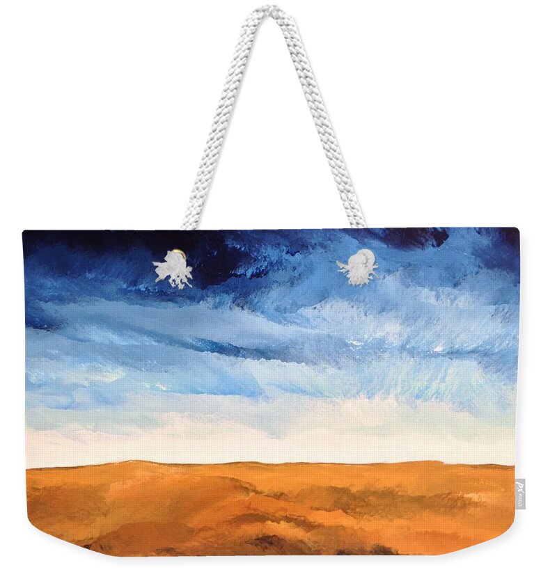 Dark Blue Sky Weekender Tote Bag featuring the painting In The Distance by Linda Bailey