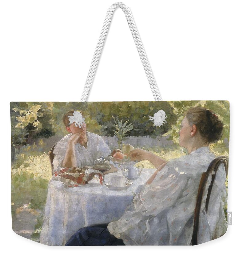 Female; Drinking; Tea Time; Summer; Sunshine; Leisure; Relaxation; Relaxing; Chatting; Thoughtful; Concerned; Sunlight; Edwardian; Idyllic Weekender Tote Bag featuring the painting In the Garden by Lukjan Vasilievich Popov