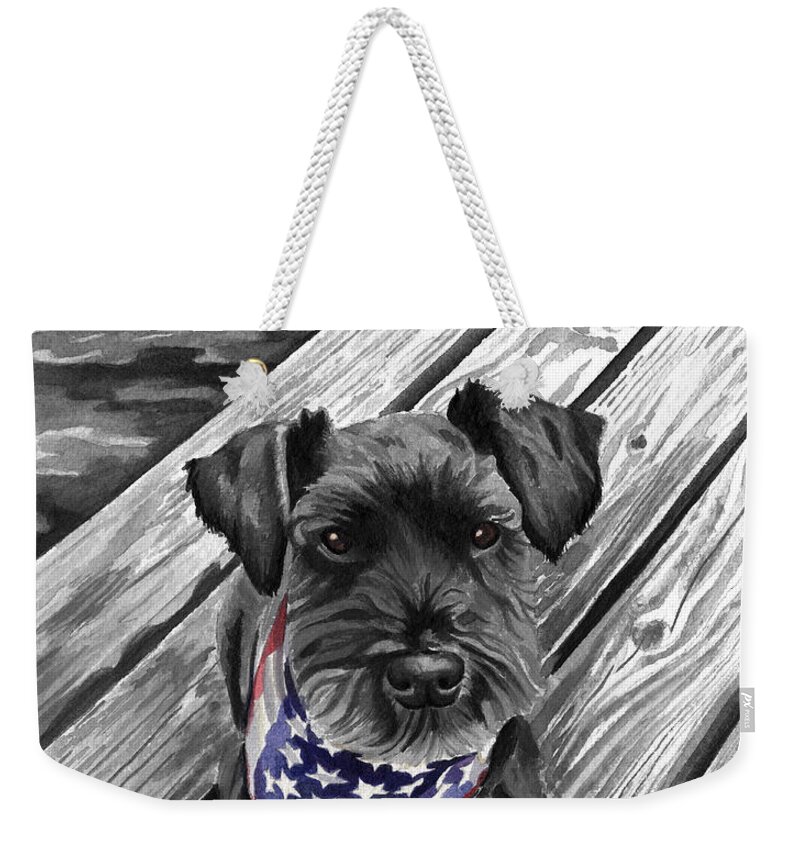 Blue Dog Portrait Weekender Tote Bag featuring the painting Watercolor Schnauzer Black Dog by Robyn Saunders