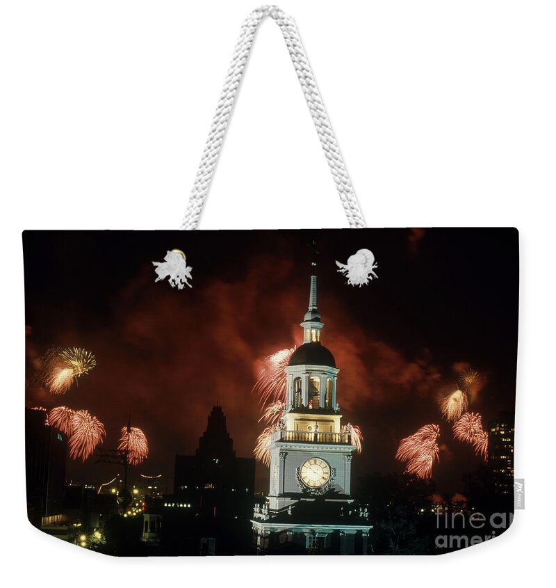 Independence Hall Weekender Tote Bag featuring the photograph Independence Hall Fireworks by Joseph Nettis