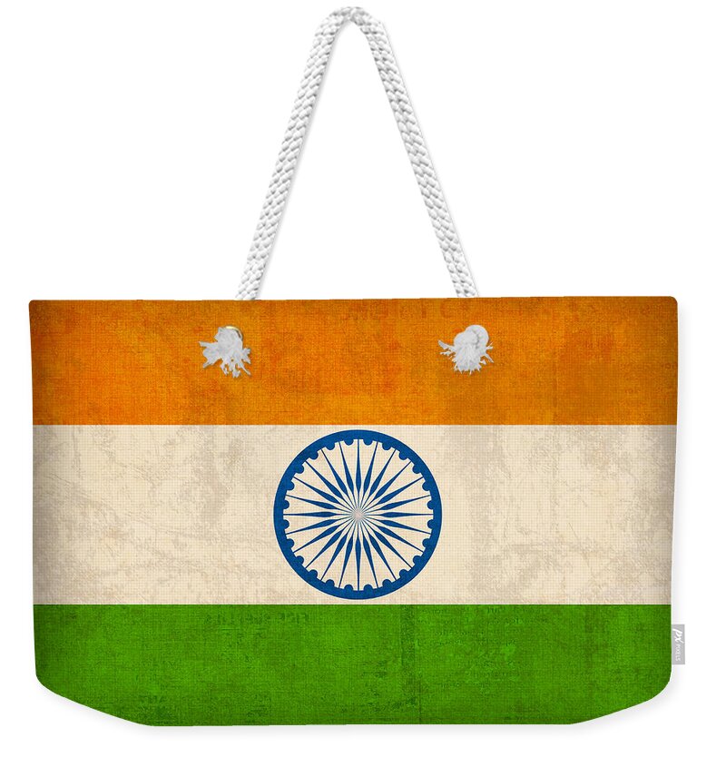 India Flag New Delhi Bombay Calcutta Asia Hindu Ganges Weekender Tote Bag featuring the mixed media India Flag Vintage Distressed Finish by Design Turnpike