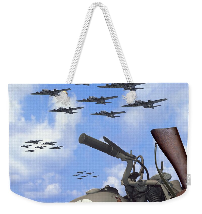 Ww2 Weekender Tote Bag featuring the photograph Indian 841 And The B-17 Bomber SQ by Mike McGlothlen